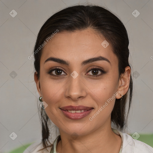 Joyful white young-adult female with medium  brown hair and brown eyes