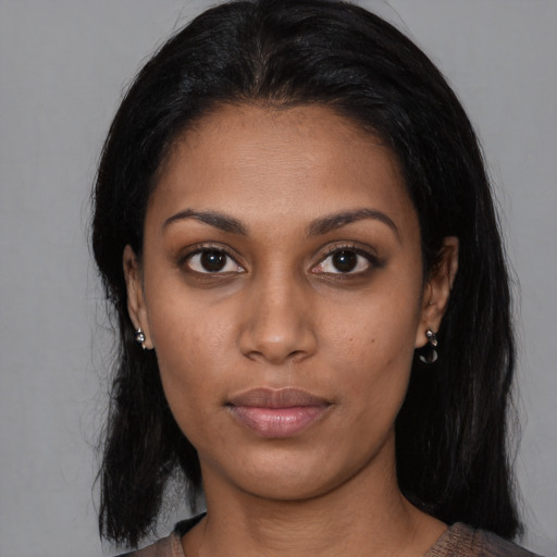 Neutral asian young-adult female with medium  black hair and brown eyes