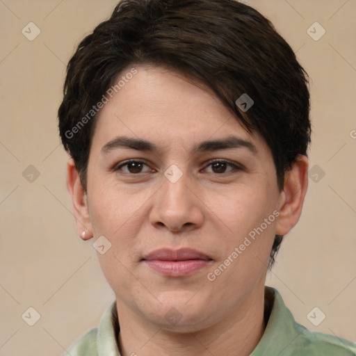 Joyful white adult male with short  brown hair and brown eyes