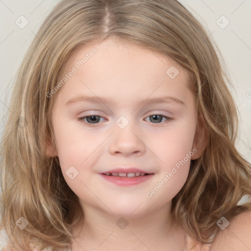 Joyful white child female with medium  brown hair and brown eyes