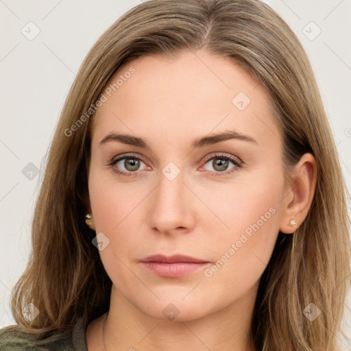 Neutral white young-adult female with long  brown hair and green eyes