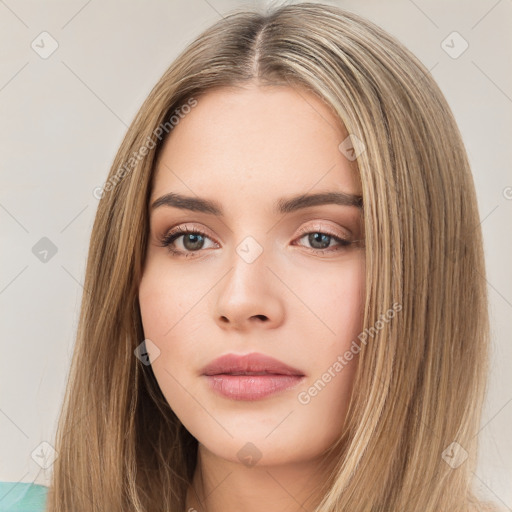 Neutral white young-adult female with long  brown hair and brown eyes