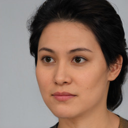 Neutral asian young-adult female with medium  brown hair and brown eyes