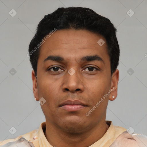 Neutral latino young-adult male with short  black hair and brown eyes