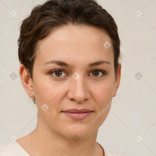 Joyful white young-adult female with short  brown hair and brown eyes