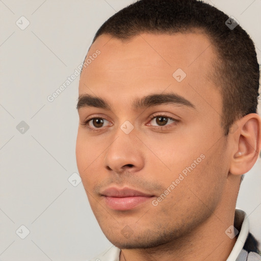 Neutral white young-adult male with short  brown hair and brown eyes