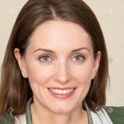 Joyful white young-adult female with medium  brown hair and blue eyes