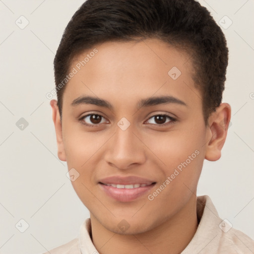 Joyful latino young-adult female with short  brown hair and brown eyes