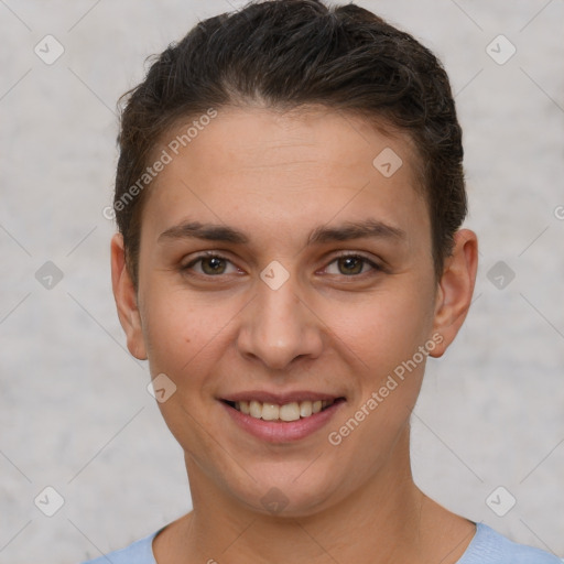 Joyful white young-adult female with short  brown hair and brown eyes