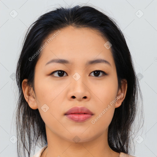 Neutral asian young-adult female with medium  brown hair and brown eyes