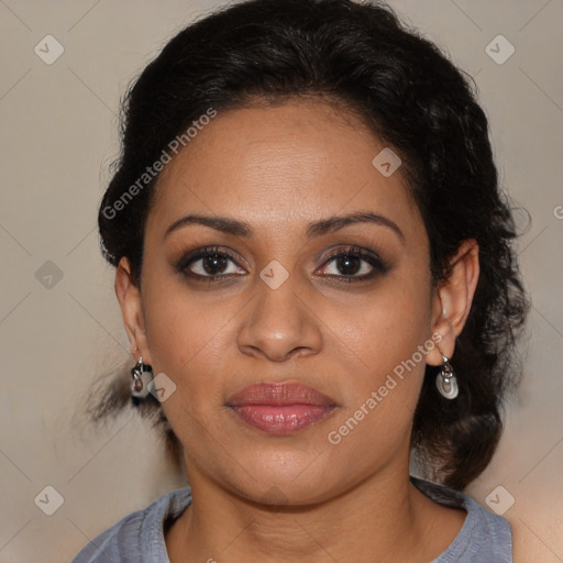 Joyful latino young-adult female with medium  brown hair and brown eyes