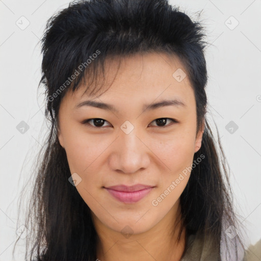 Joyful asian young-adult female with long  brown hair and brown eyes