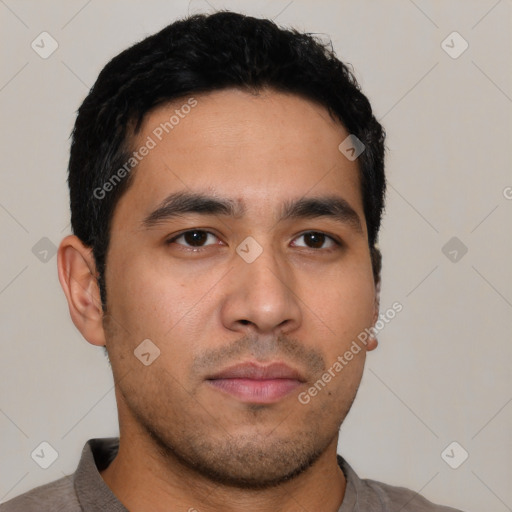 Neutral latino young-adult male with short  black hair and brown eyes