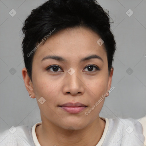 Joyful asian young-adult female with short  black hair and brown eyes