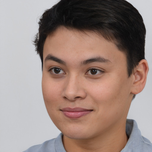 Joyful asian young-adult male with short  brown hair and brown eyes