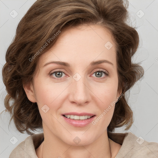 Joyful white young-adult female with medium  brown hair and green eyes