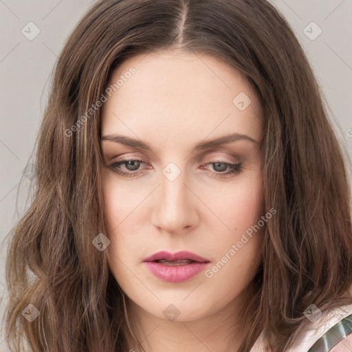 Neutral white young-adult female with long  brown hair and green eyes