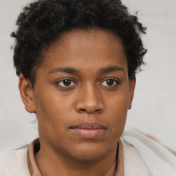 Neutral black young-adult female with short  brown hair and brown eyes