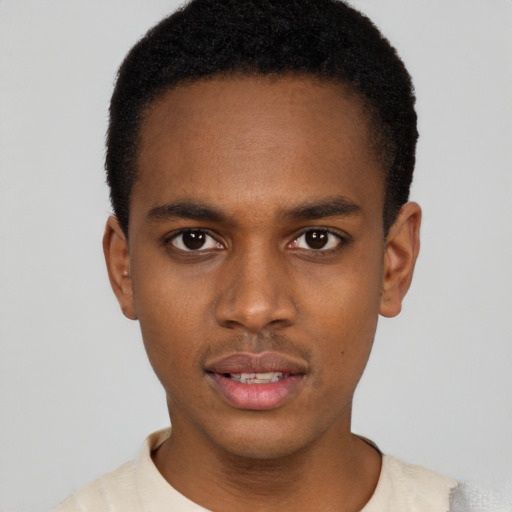 Neutral black young-adult male with short  black hair and brown eyes