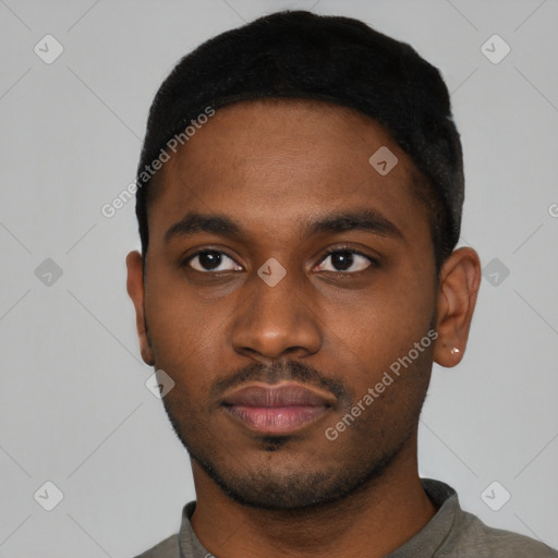 Neutral black young-adult male with short  black hair and brown eyes