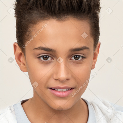 Joyful white child female with short  brown hair and brown eyes