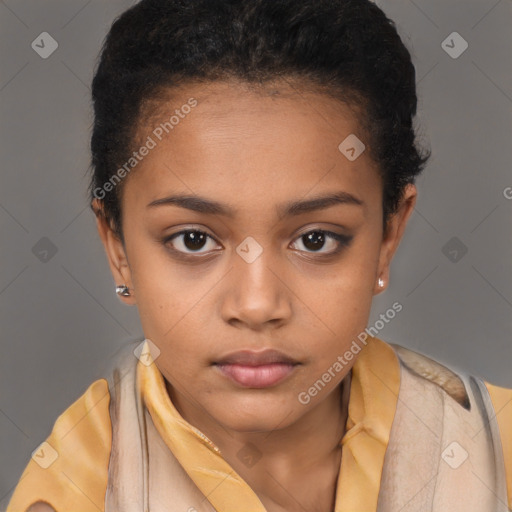 Neutral black young-adult female with short  brown hair and brown eyes