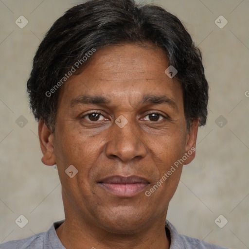 Joyful white adult male with short  black hair and brown eyes