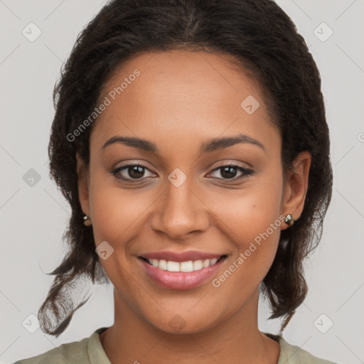 Joyful latino young-adult female with medium  brown hair and brown eyes