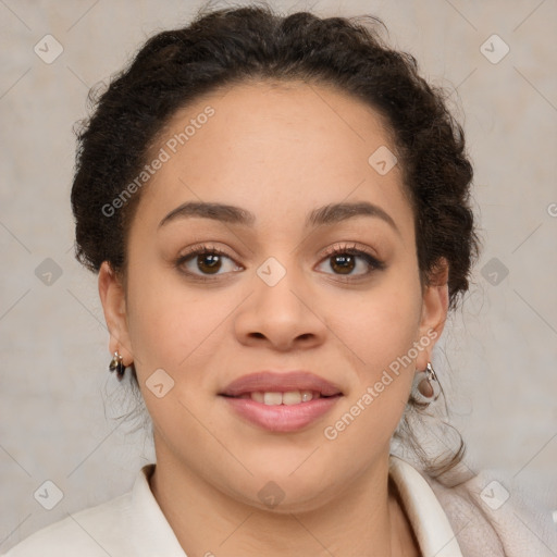 Joyful latino young-adult female with short  brown hair and brown eyes