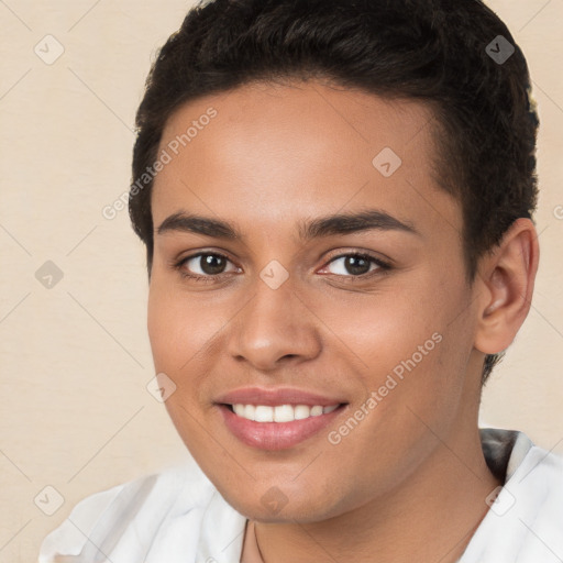 Joyful white young-adult female with short  brown hair and brown eyes