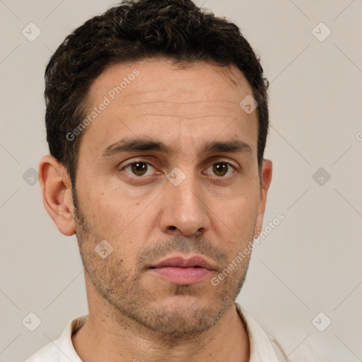 Neutral white adult male with short  brown hair and brown eyes