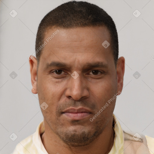Neutral latino young-adult male with short  brown hair and brown eyes
