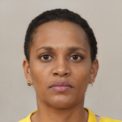 Neutral black young-adult female with short  brown hair and brown eyes