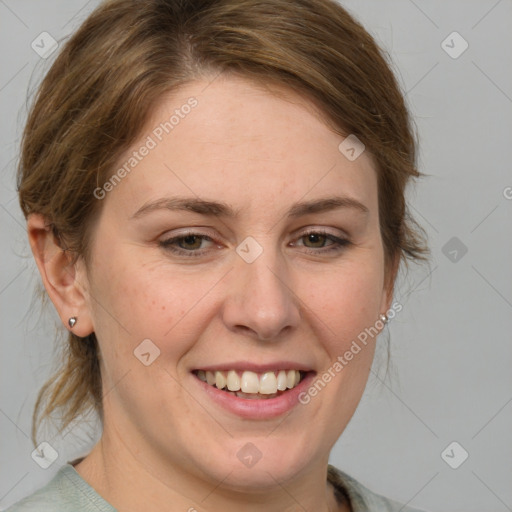 Joyful white young-adult female with medium  brown hair and blue eyes