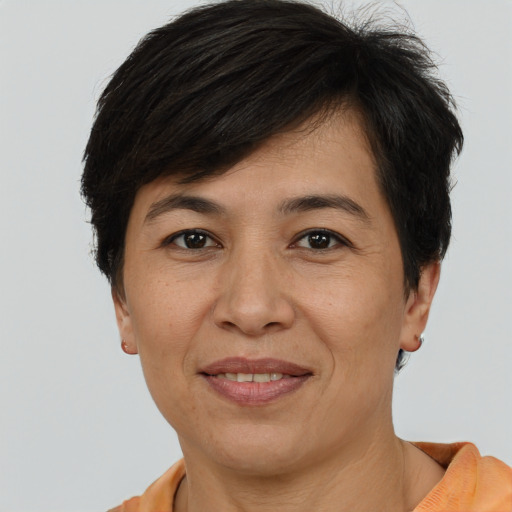 Joyful white adult female with short  brown hair and brown eyes