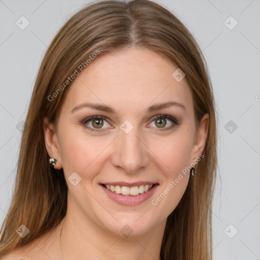 Joyful white young-adult female with long  brown hair and green eyes