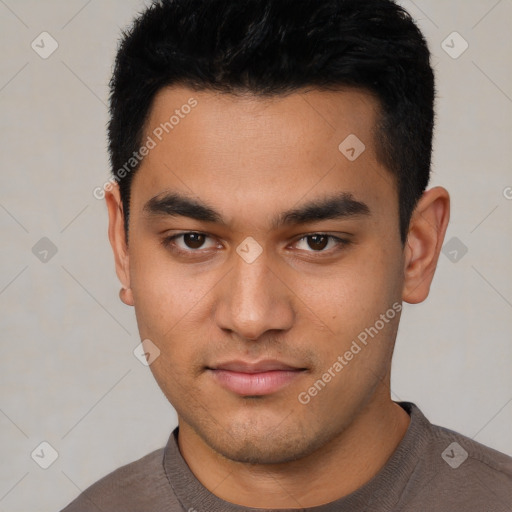 Neutral latino young-adult male with short  black hair and brown eyes