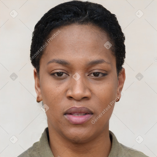 Joyful black young-adult female with short  black hair and brown eyes