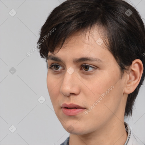 Neutral white young-adult female with medium  brown hair and brown eyes