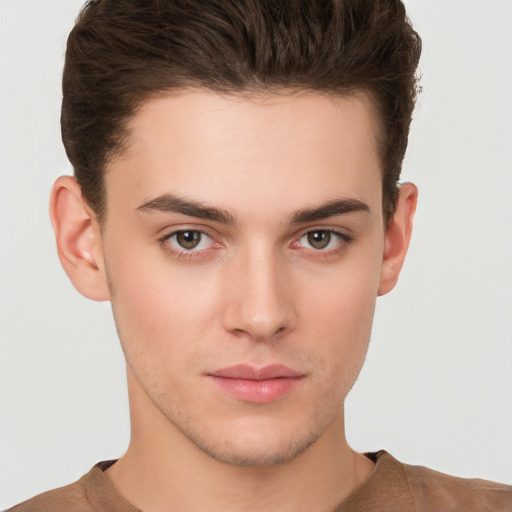 Neutral white young-adult male with short  brown hair and brown eyes