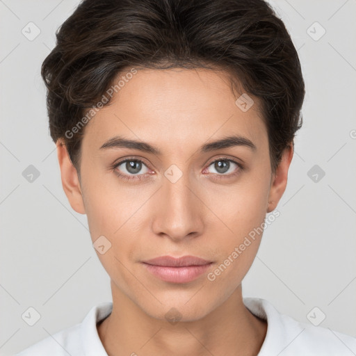 Neutral white young-adult female with short  brown hair and brown eyes