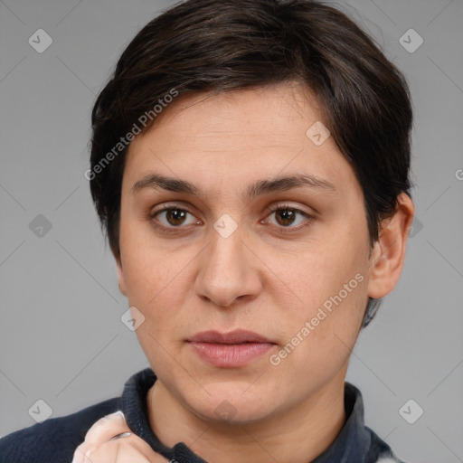 Joyful white young-adult female with medium  brown hair and brown eyes