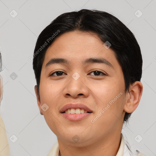 Joyful asian young-adult female with short  brown hair and brown eyes