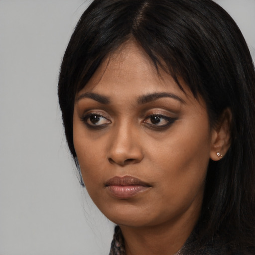 Neutral asian young-adult female with long  black hair and brown eyes