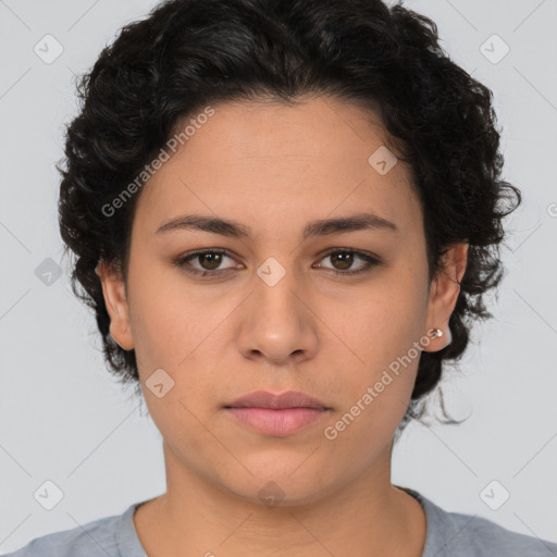 Neutral white young-adult female with short  brown hair and brown eyes