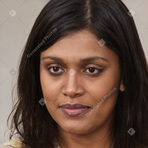 Joyful asian young-adult female with long  brown hair and brown eyes