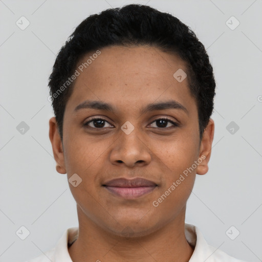 Joyful latino young-adult female with short  black hair and brown eyes