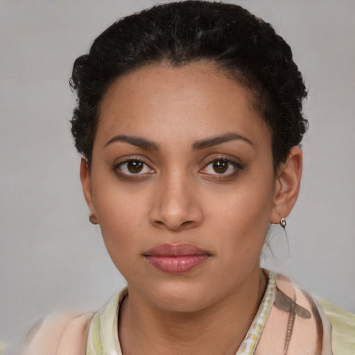 Neutral latino young-adult female with short  brown hair and brown eyes