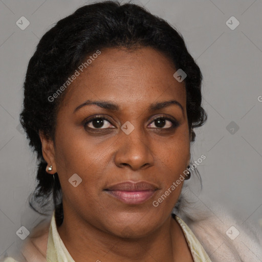 Joyful black adult female with short  brown hair and brown eyes