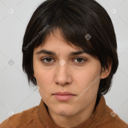 Neutral white young-adult female with medium  brown hair and brown eyes